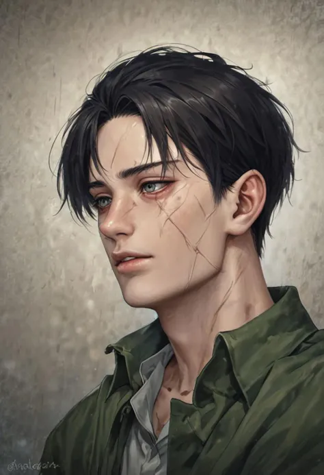 A realistic and hyper-realistic portrait of Levi Ackerman from Attack on Titan, post-season 4 and his grievous injury. On the right side of his face, he has a scar that starts on his forehead and runs down his face all the way to his chin. His right eye is a milky white, damaged by the injury that left the scar. Levi has short black hair in a curtained style, his good eye is grey-colored and small and narrow. He has a small nose. He has sharp features and a narrow and pointy chin. Good looking. Handsome. Sad.