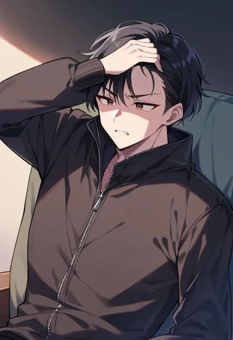 1boy, perfect face, expressive eyes, upset face, straight expression, (hand on head), sitting on couch, close up, ((livingroom)), mature, ((((light human skin)))), (brown eyes), ((black Hair, short hair)), ((black large zipped winter coat with long sleeves)), black sweatpants, ((medium arms, medium body))