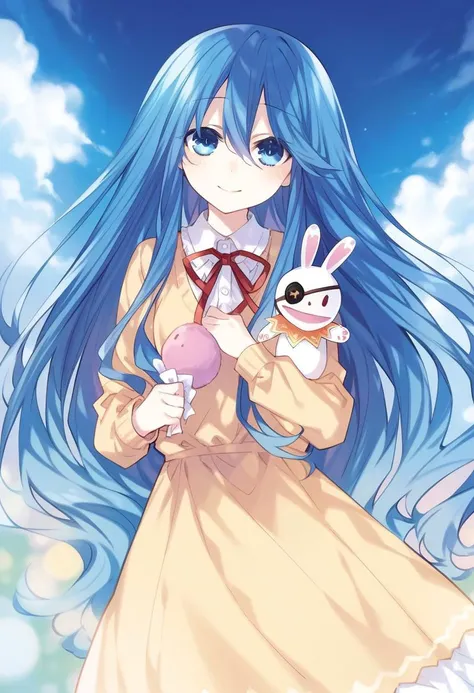highres,novel illustration,best quality, masterpiece,1girl, solo,date a live,tsunako style,
yoshino(date a live), blue hair,blue eyes,long hair,smile,dress,Holding a rabbit doll,floating,in school,sky
smile, looking at viewer, cowboy shot, dutch angle,