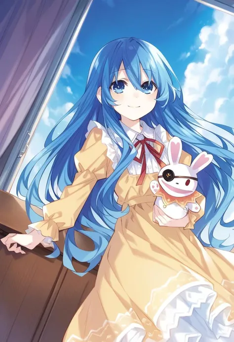 highres,novel illustration,best quality, masterpiece,1girl, solo,date a live,tsunako style,
yoshino(date a live), blue hair,blue eyes,long hair,smile,dress,Holding a rabbit doll,floating,in school,sky
smile, looking at viewer, cowboy shot, dutch angle,