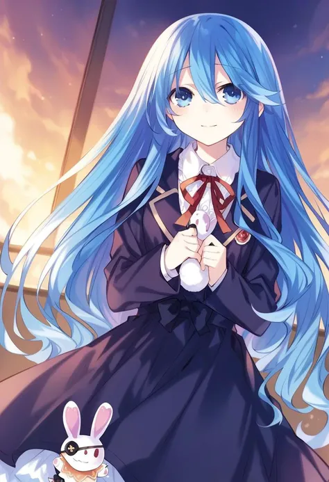 highres,novel illustration,best quality, masterpiece,1girl, solo,date a live,tsunako style,
yoshino(date a live), blue hair,blue eyes,long hair,smile,dress,Holding a rabbit doll,floating,in school,sky
smile, looking at viewer, cowboy shot, dutch angle,