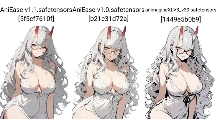 1girl, solo,
long hair, silver hair, wavy hair, green eyes, large breasts, white nightgown, glasses, oni horns, seductive smile,
white background, simple background, sketch,
very aesthetic, masterpiece, best quality,