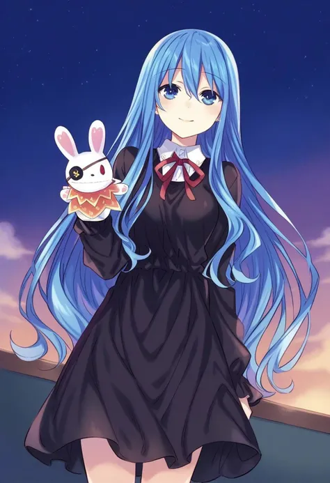 highres,novel illustration,best quality, masterpiece,1 girl, solo,date a live,tsunako style,
yoshino(date a live), underage girl, , small stature, blue hair,blue eyes,long hair,smile,dress,Holding a rabbit doll,floating,in school,sky
smile, looking at viewer, cowboy shot, dutch angle,