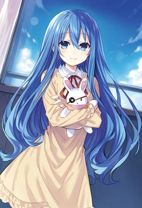 highres,novel illustration,best quality, masterpiece,1 girl, solo,date a live,tsunako style,
yoshino(date a live), underage girl, , small stature, blue hair,blue eyes,long hair,smile,dress,Holding a rabbit doll,floating,in school,sky
smile, looking at viewer, cowboy shot, dutch angle,