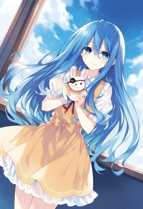 highres,novel illustration,best quality, masterpiece,1girl,solo,date a live,tsunako style,
yoshino(date a live),blue hair,blue eyes,long hair,smile,dress,Holding a rabbit doll,floating,in school,sky
smile, looking at viewer, cowboy shot, dutch angle,