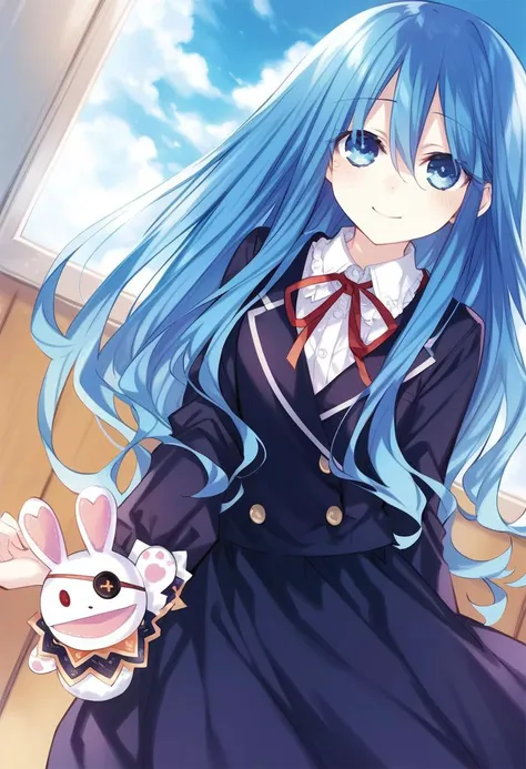 highres,novel illustration,best quality, masterpiece,1girl, solo,date a live,tsunako style,
yoshino(date a live), blue hair,blue eyes,long hair,smile,dress,Holding a rabbit doll,floating,in school,sky
smile, looking at viewer, cowboy shot, dutch angle,