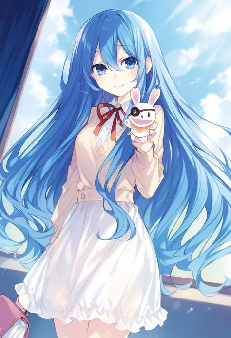 highres,novel illustration,best quality, masterpiece,1girl,solo,date a live,tsunako style,
yoshino(date a live),blue hair,blue eyes,long hair,smile,dress,Holding a rabbit doll,floating,in school,sky
smile, looking at viewer, cowboy shot, dutch angle,