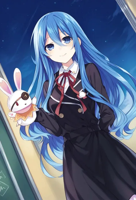highres,novel illustration,best quality, masterpiece,1 girl, solo,date a live,tsunako style,
yoshino(date a live), underage girl, , small stature, blue hair,blue eyes,long hair,smile,dress,Holding a rabbit doll,floating,in school,sky
smile, looking at viewer, cowboy shot, dutch angle,