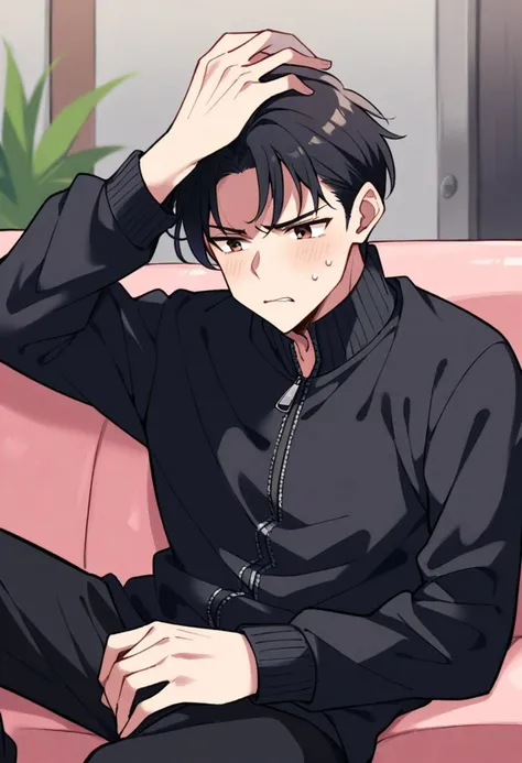 1boy, perfect face, expressive eyes, upset face, straight expression, (hand on head), sitting on couch, close up, ((livingroom)), mature, ((((light human skin)))), (brown eyes), ((black Hair, short hair)), ((black large zipped winter coat with long sleeves)), black sweatpants, ((medium arms, medium body))