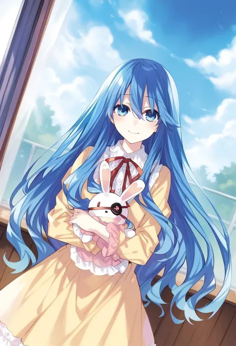 highres,novel illustration,best quality, masterpiece,1girl, (:2.0), solo,date a live,tsunako style,
yoshino(date a live), blue hair,blue eyes,long hair,smile,dress,Holding a rabbit doll,floating,in school,sky
smile, looking at viewer, cowboy shot, dutch angle,