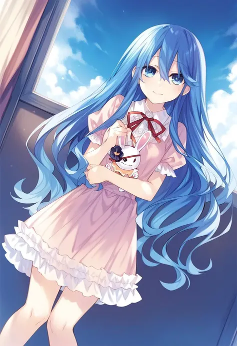 highres,novel illustration,best quality, masterpiece,1girl,solo,date a live,tsunako style,
yoshino(date a live),blue hair,blue eyes,long hair,smile,dress,Holding a rabbit doll,floating,in school,sky
smile, looking at viewer, cowboy shot, dutch angle,