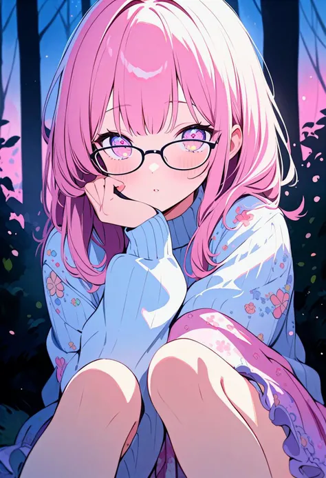 (masterpiece, best quality, beautiful detailed eyes, ultra-detailed, finely detail, highres), (colorful), (pastel colors), cinematic lighting, solo, (pink haze), (kawaii illustration:1.5), shirt, floral skirt, sitting, glasses, (watercolor:1.5), sky, 1 cute girl, forest,