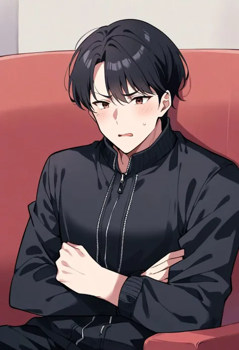 1boy, perfect face, expressive eyes, upset face, straight expression, open mouth, (crossing arms), sitting on couch, close up, ((livingroom)), mature, ((((light human skin)))), (brown eyes), ((black Hair, short hair)), ((black large zipped winter coat with long sleeves)), black sweatpants, ((medium arms, medium body))