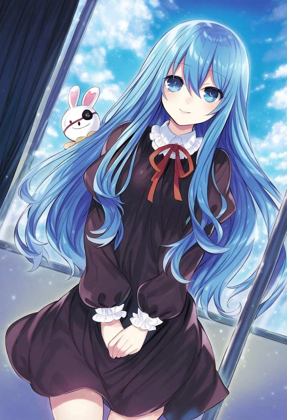 highres,novel illustration,best quality, masterpiece,1 girl, solo,date a live,tsunako style,
yoshino(date a live), underage girl, , (small stature:1.5), blue hair,blue eyes,long hair,smile,dress,Holding a rabbit doll,floating,in school,sky
smile, looking at viewer, cowboy shot, dutch angle,