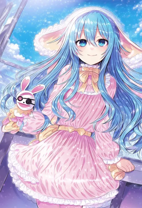 highres,novel illustration,best quality, masterpiece,1 girl, solo,date a live,tsunako style,
yoshino(date a live), underage girl, , (small stature:2.0), blue hair,blue eyes,long hair,smile,dress,Holding a rabbit doll,floating,in school,sky
smile, looking at viewer, cowboy shot, dutch angle,