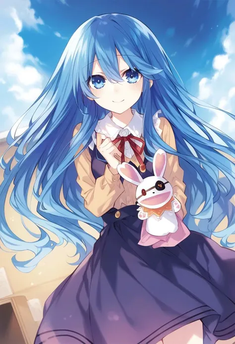 highres,novel illustration,best quality, masterpiece,1girl,solo,date a live,tsunako style,
yoshino(date a live),blue hair,blue eyes,long hair,smile,dress,Holding a rabbit doll,floating,in school,sky
smile, looking at viewer, cowboy shot, dutch angle,