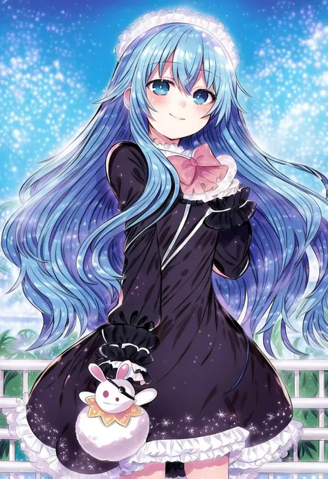 highres,novel illustration,best quality, masterpiece,1 girl, solo,date a live,tsunako style,
yoshino(date a live), underage girl, , (small stature:2.0), blue hair,blue eyes,long hair,smile,dress,Holding a rabbit doll,floating,in school,sky
smile, looking at viewer, cowboy shot, dutch angle,