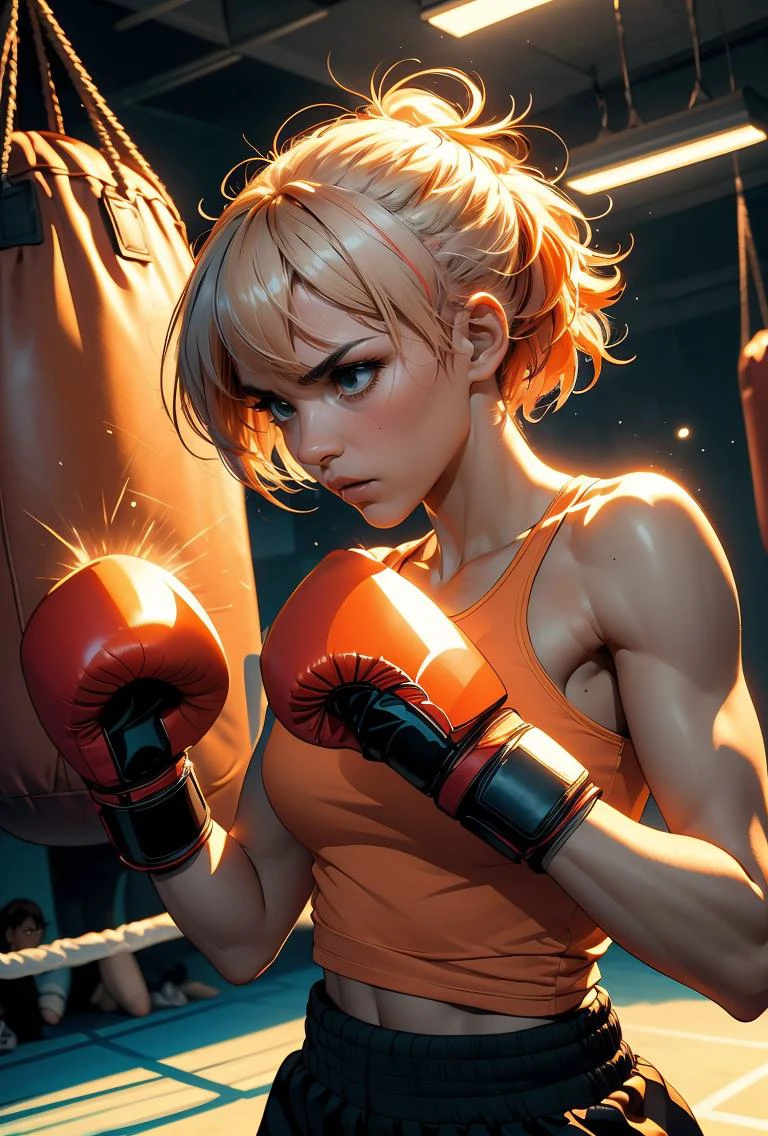 (masterpiece, best quality), 1girl, Tangerine Faded Mohawk with Shaved Designs, Size D breasts, <lora:girllikehangingsandbag:0.8> hanging sandbag, outstretched fist, punching, impact, spiral wind on fist, boxer helmet, boxing gloves, tank top, training gym, wind, glowing, speed lines
