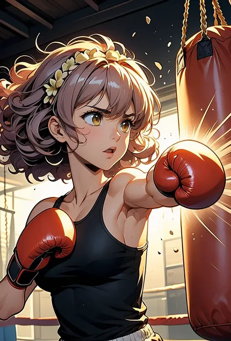 (masterpiece, best quality), 1girl, Yellow Curly Afro with Flower Crown, Size F breasts, <lora:girllikehangingsandbag:0.8> hanging sandbag, outstretched fist, punching, impact, spiral wind on fist, boxer helmet, boxing gloves, tank top, training gym, wind, glowing, speed lines