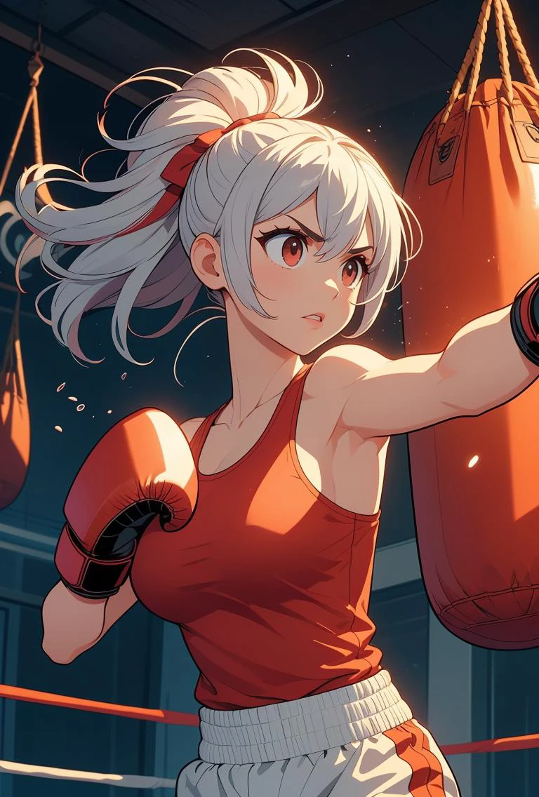 (masterpiece, best quality), 1girl, Light Red Textured Side Part with Skin Fade, big breasts, <lora:girllikehangingsandbag:0.8> hanging sandbag, outstretched fist, punching, impact, spiral wind on fist, boxer helmet, boxing gloves, tank top, training gym, wind, glowing, speed lines