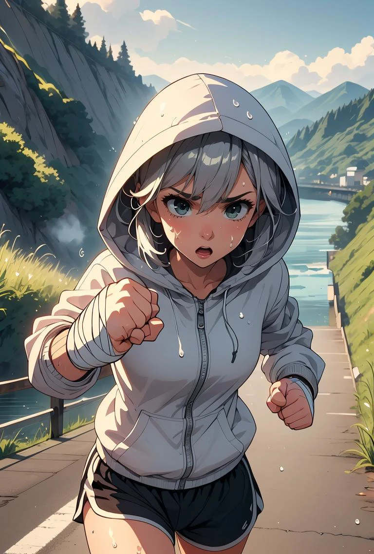 (masterpiece, best quality), 1girl, Icy Platinum Faux Undercut Braid with Hair Rings, Size A breasts, <lora:girllikejogging:0.8> jogging, punching, outstretched fist, river, embankment, steep grassy slope, bandage wrapped hands, hood covering head, hooded jacket, sports shorts, sweat, gasp, wind