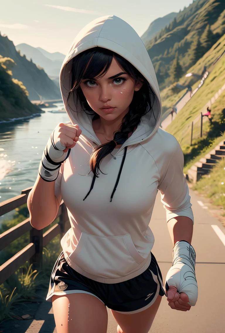(masterpiece, best quality), 1girl, Alabaster Pigtails with Ribbon, Size E breasts, <lora:girllikejogging:0.8> jogging, punching, outstretched fist, river, embankment, steep grassy slope, bandage wrapped hands, hood covering head, hooded jacket, sports shorts, sweat, gasp, wind