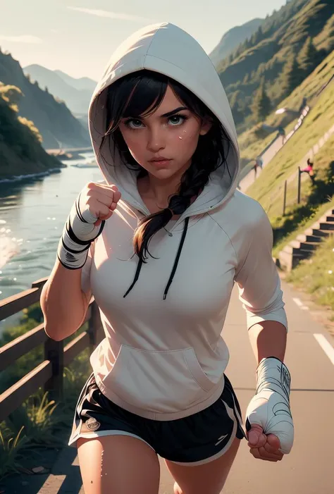 (masterpiece, best quality), 1girl,   Alabaster Pigtails with Ribbon, Size E breasts,    <lora:girllikejogging:0.8> jogging, punching, outstretched fist, river, embankment, steep grassy slope, bandage wrapped hands, hood covering head, hooded jacket, sports shorts, sweat, gasp, wind