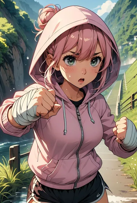 (masterpiece, best quality), 1girl,   Salmon pink Messy Bun with Face-Framing Strands, Size C breasts,    <lora:girllikejogging:0.8> jogging, punching, outstretched fist, river, embankment, steep grassy slope, bandage wrapped hands, hood covering head, hooded jacket, sports shorts, sweat, gasp, wind