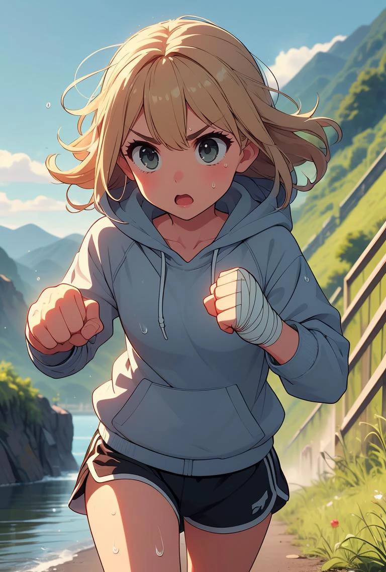 (masterpiece, best quality), 1girl, Dirty Blonde Messy Side Swept Hair with, tiny breasts, <lora:girllikejogging:0.8> jogging, punching, outstretched fist, river, embankment, steep grassy slope, bandage wrapped hands, hood covering head, hooded jacket, sports shorts, sweat, gasp, wind