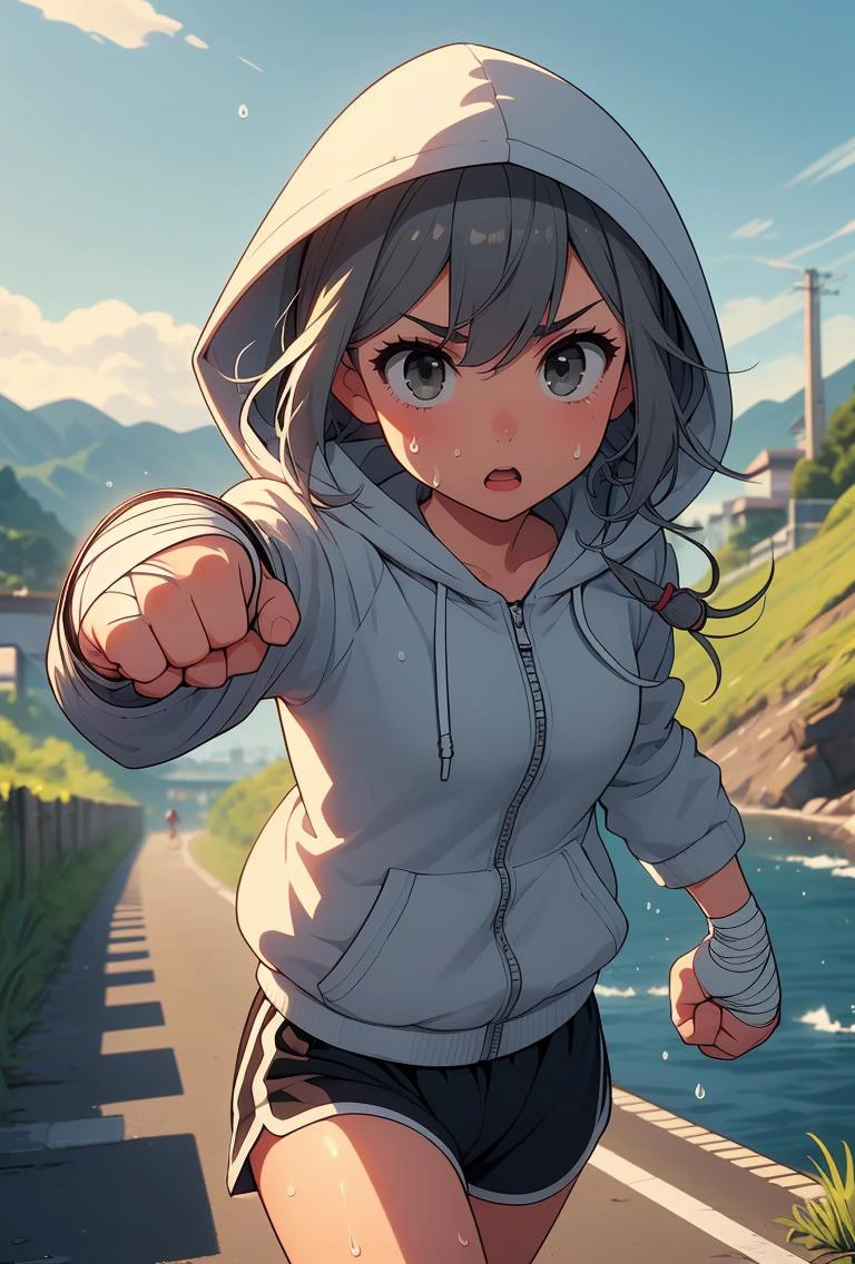 (masterpiece, best quality), 1girl, Ash gray Dreadlocks, tiny breasts, <lora:girllikejogging:0.8> jogging, punching, outstretched fist, river, embankment, steep grassy slope, bandage wrapped hands, hood covering head, hooded jacket, sports shorts, sweat, gasp, wind