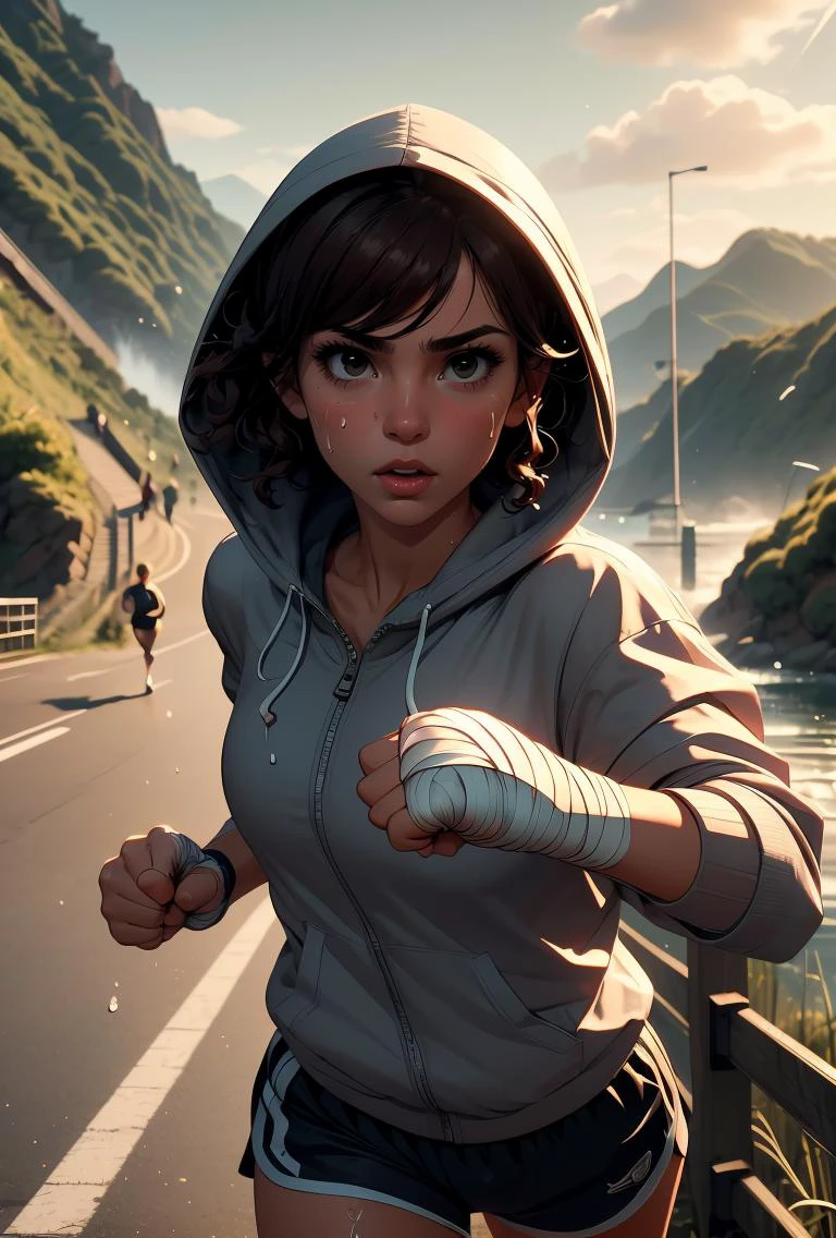 (masterpiece, best quality), 1girl, Dark Chocolate Brown Afro, Size H breasts, <lora:girllikejogging:0.8> jogging, punching, outstretched fist, river, embankment, steep grassy slope, bandage wrapped hands, hood covering head, hooded jacket, sports shorts, sweat, gasp, wind