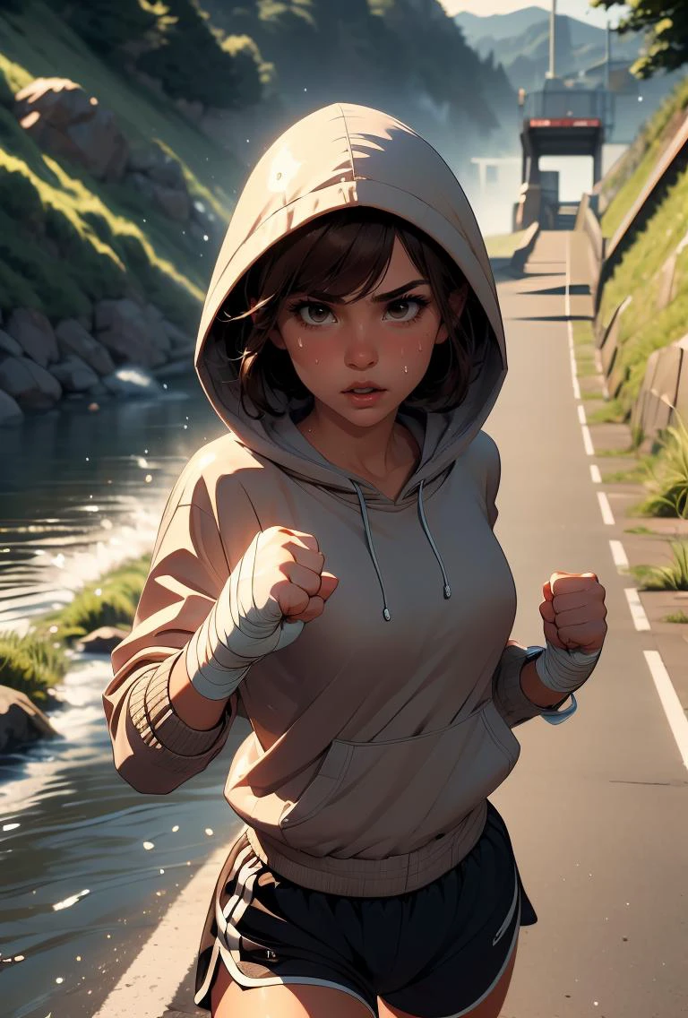 (masterpiece, best quality), 1girl, Brown Textured Quiff with Low Fade, medium breasts, <lora:girllikejogging:0.8> jogging, punching, outstretched fist, river, embankment, steep grassy slope, bandage wrapped hands, hood covering head, hooded jacket, sports shorts, sweat, gasp, wind