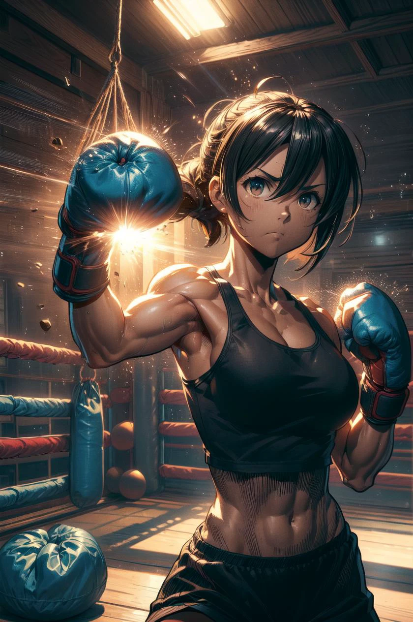 detailed illustration, close up, of a mature woman, hanging sandbag, outstretched fist, punching, impact, spiral wind on fist, boxing gloves, tank top, wind, glowing, speed lines, indoors, training gym, cinematic lighting, hires, volumetric lighting, highly detailed background, masterpiece, <lora:add_detail:0.5> <lora:hairdetailer:0.5> <lora:girllikehangingsandbag:0.8>