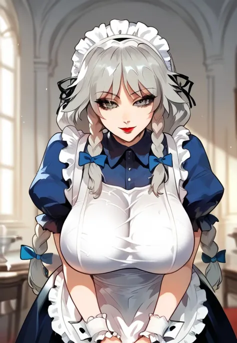 score_9, score_8_up, score_7_up, score_6_up, score_5_up, score_4_up, Grayfia Lucifuge, grey eyes, grey hair, twin braids, long hair, huge breasts, maid, apron, wrist cuffs, maid headdress, red lips, lipstick, makeup, bowing, seductive smile, cowboy shot, leaning forward, <lora:GrayfiaPdxlDwnsty:1>