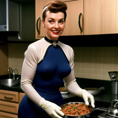 realistic photo of 50s American housewife, wearing sleeved bodysuit, making dinner in kitchen, serving furry creatures, 4k, old magazine scan, futuristic, gloves, electronic collar