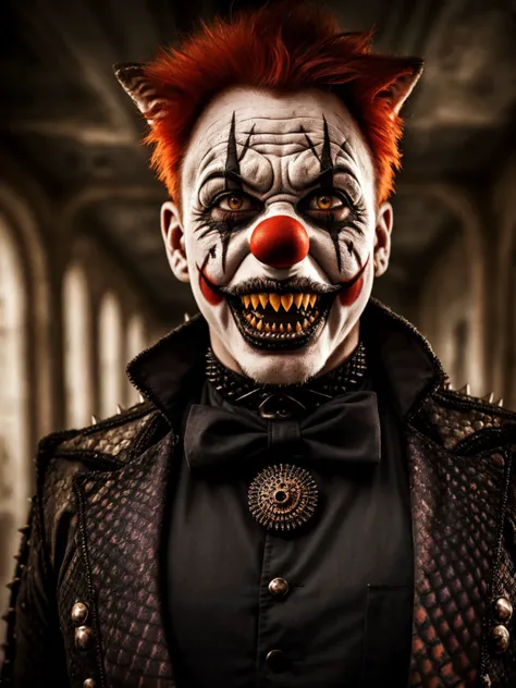 (Highest Quality, 4k, masterpiece, Amazing Details:1.1), standing, post apocalypitic background at dawn, wearing wear out gothic clothes, Shallow Depth of Field, E671, lens 50mm f/2.0, ((male_horror_clown_wolf)), pircings, tatoos, red glowing snake eyes, (realistic scales, detailed scales texture:1.2),studded bracelet, ((photorealistic) (RAW Photo)), (on the last day on eath), angry, evil smile, ((gothic))