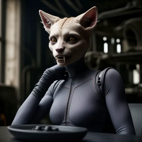 realistic photo of alien humanoid in cotton one piece sleeved bodysuit, long fangs, gloves, futuristic, sitting at table tinkering with alien machine, hybrid girl with cat vampire wolf like facial features, dirty rubble decayed, 4k, cinematic, RAW, best quality