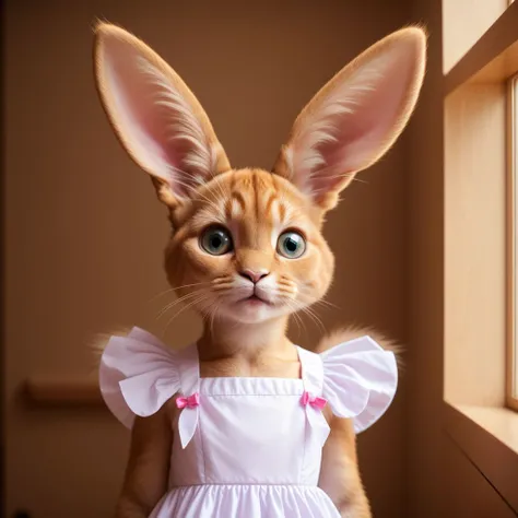 photo of little humanoid furry alien with large rabbit ears, skin fur, cute catlike facial features, huge innocent light colored eyes, soft long furry tail, furry alien animal, 4k 8k HDR, extremely cute, wearing maid dress, ((furry humanoid alien))