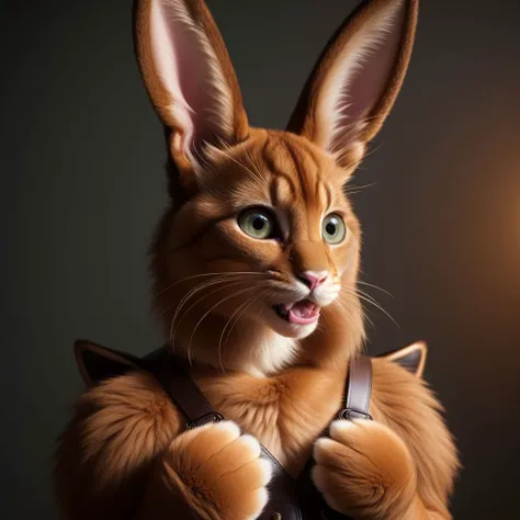 hyper realistic photo of little furry hybrid animal with large rabbit ears, brown furry skin, cute catlike facial features, huge innocent light colored eyes, soft long furry tail, furry animal, 4k 8k HDR, extremely cute, wearing leather kinky maid dress, large paws, ((furry humanoid alien)), gothic, sharp teeth