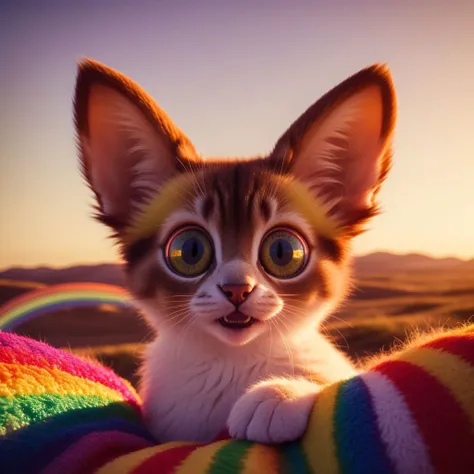 photo of cute adorable little furry fluffy monster, large teeth, multi color rainbow fur, long pointy ears, big eyes, in dreamy candy land, 4k, analog film grain, golden hour