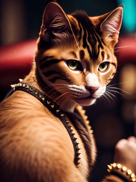 (Highest Quality, 4k, masterpiece, Amazing Details:1.1), wearing wear out circus clothes, Shallow Depth of Field, E671, lens 50mm f/2.0, ((cat_strongman_anthro_furry)), pircings, studded bracelet, (detailed fur) (photorealistic) (RAW Photo)), angry, evil smile, ((gothic_circus)), skimpy