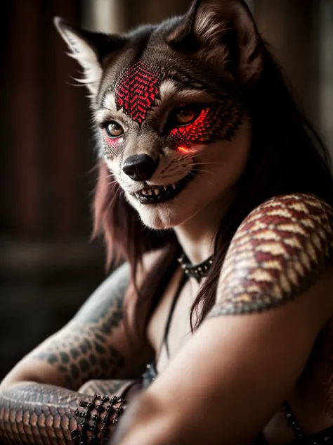 (Highest Quality, 4k, masterpiece, Amazing Details:1.1), wearing wear out gothic clothes, Shallow Depth of Field, E671, lens 50mm f/2.0, ((furry_wolf_female anthro)), pircings, tatoos, red glowing snake eyes, (realistic scales, detailed scales texture:1.2),studded bracelet, ((photorealistic) (RAW Photo)), (on the last day on eath), angry, evil smile, ((gothic_circus))