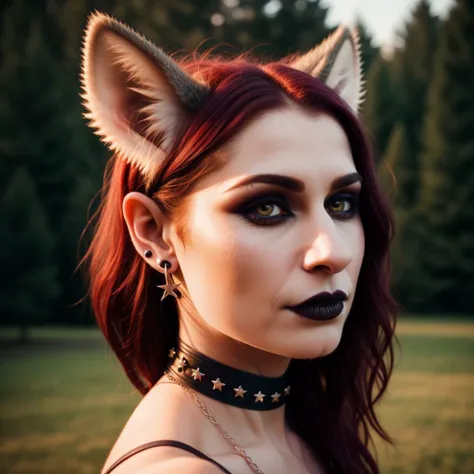 photo of woman as furry wolf, gothic, piercings, steel choker, pointy ears, fairy, pixie, circus, 4k, highest quality, analog film grain