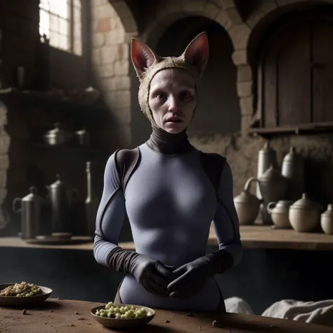 realistic photo of alien humanoid in cotton one piece sleeved bodysuit, gloves, futuristic, making dinner in medieval kitchen in abandoned building, hybrid girl with cat like facial features, dirty rubble decayed, 4k, cinematic, RAW, best quality