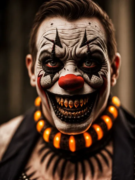 (Highest Quality, 4k, masterpiece, Amazing Details:1.1), standing, post apocalypitic background at dawn, wearing wear out gothic clothes, Shallow Depth of Field, E671, lens 50mm f/2.0, ((male_horror_clown)), pircings, tatoos, red glowing snake eyes, (realistic scales, detailed scales texture:1.2),studded bracelet, ((photorealistic) (RAW Photo)), (on the last day on eath), angry, evil smile, ((gothic))