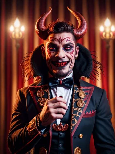 (Highest Quality, 4k, masterpiece, Amazing Details:1.1), wearing wear out circus_clothes, Shallow Depth of Field, E671, lens 50mm f/2.0, ((male_demon_magician_hell)), (((demon:1.3))) pircings, tattoos, red glowing snake eyes, (photorealistic) (RAW Photo), angry, evil smile, ((gothic circus)),