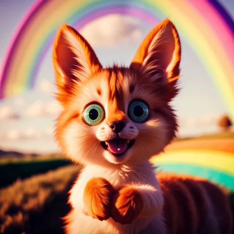 photo of cute adorable little furry fluffy monster, large teeth, multi color rainbow fur, long pointy ears, big eyes, in dreamy candy land, 4k, analog film grain, golden hour