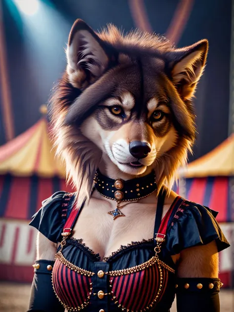 (Highest Quality, 4k, masterpiece, Amazing Details:1.1), wearing wear out circus clothes, Shallow Depth of Field, E671, lens 50mm f/2.0, ((furry_wolf_female anthro)), pircings, studded bracelet, (detailed fur), (photorealistic) (RAW Photo)), angry, evil smile, ((gothic_circus))