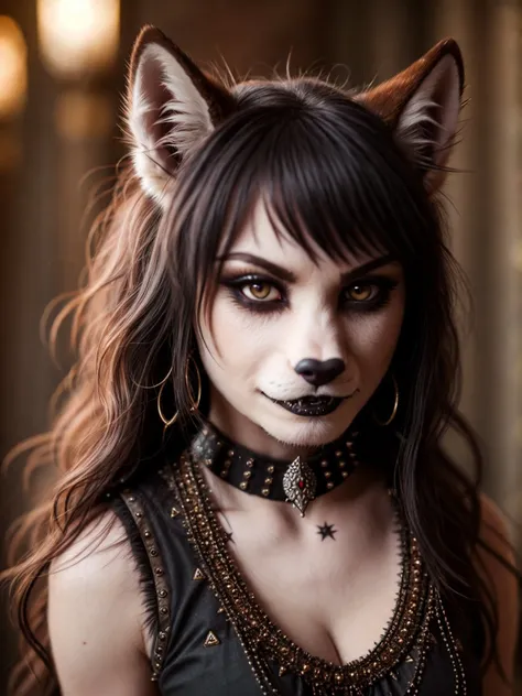 (Highest Quality, 4k, masterpiece, Amazing Details:1.1), wearing wear out gothic clothes, Shallow Depth of Field, E671, lens 50mm f/2.0, ((furry_wolf_female anthro)), pircings, studded bracelet, (photorealistic) (RAW Photo)), angry, evil smile, ((gothic_circus))