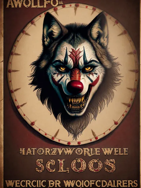 (Highest Quality, 4k, masterpiece, Amazing Details:1.1),(((poster_drawing:1.4))) ((male_horror_clown_wolf)), pircings, tatoos, red glowing snake eyes, (realistic scales, detailed scales texture:1.2),studded bracelet, angry, evil smile, ((gothic circus:1.2))